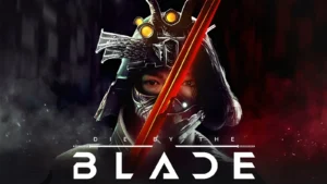 Arte do videogame Die by the Blade. Uma espada vermelha separa as faces de um homem e uma mulher com fundo escurecido