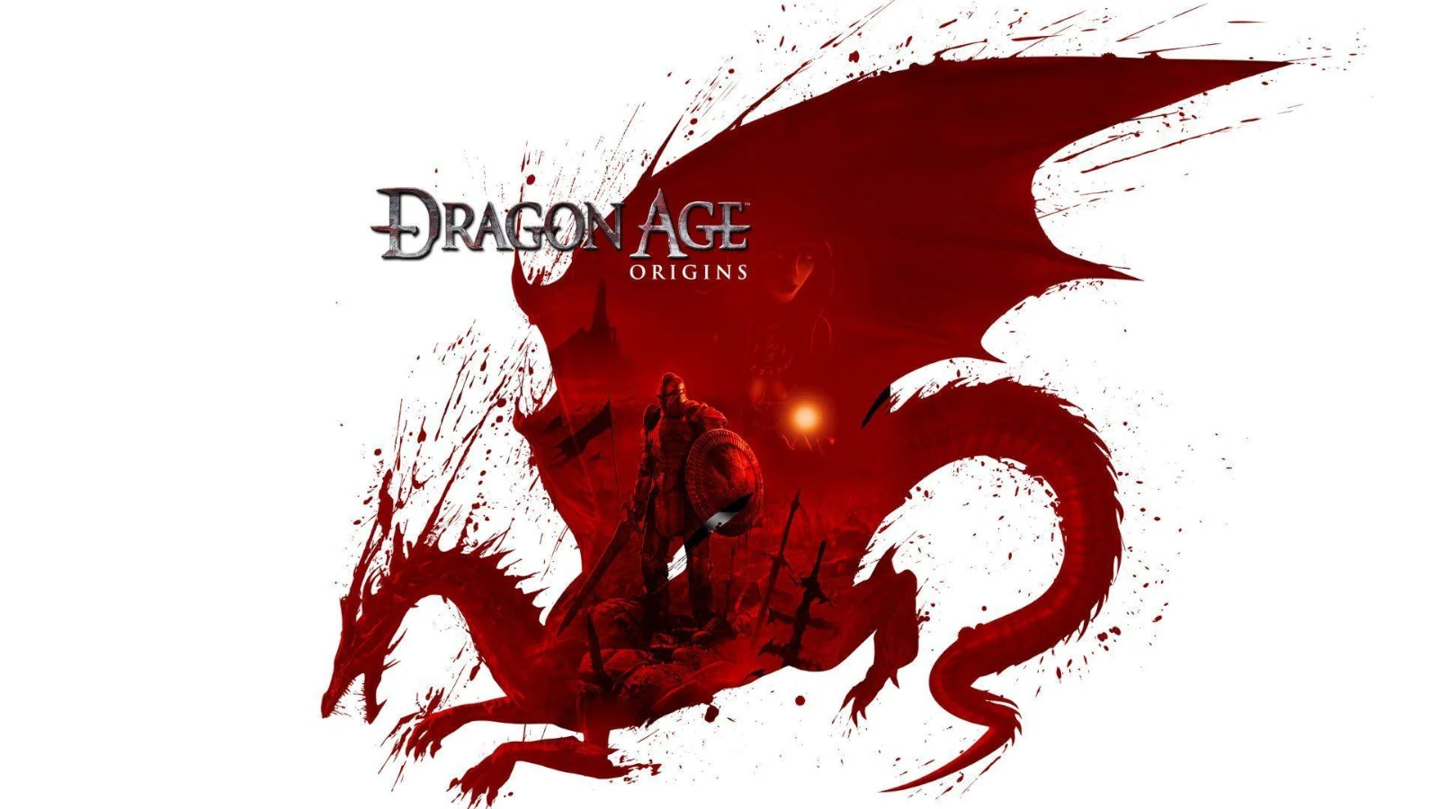 Arte de Dragon Age: Origins. Um guerreiro dentro de um dragon de cor vermelha e mais a cima o título do jogo
