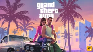 Capa de anúncio do lançamento de GTA VI. uma moça abraçando um rapaz por trás e ambos encostados em um automóvel próximo ao capô do veículo.
