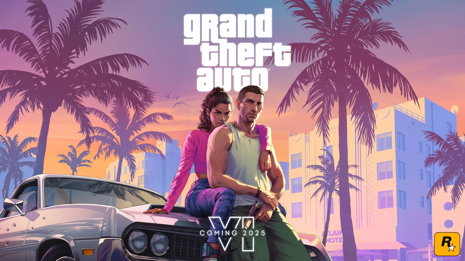 Capa de anúncio do lançamento de GTA VI. uma moça abraçando um rapaz por trás e ambos encostados em um automóvel próximo ao capô do veículo.
