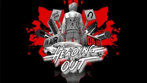 Heading Out, jogo de corrida. Segue a arte conceito do jogo. Um homem de costas com um carro a frente e o fundo em cores vermelha e preta