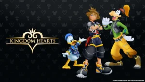 O jogo Kingdom Hearts desenvolvido pela Square. Na imagem temos o pato Donald o Pateta e o Sora