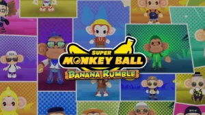 Super Monkey Ball banana rumble. Imagem com o logo do videogame à frente. Ao fundo um recorte de imagens com os personagens do videogame