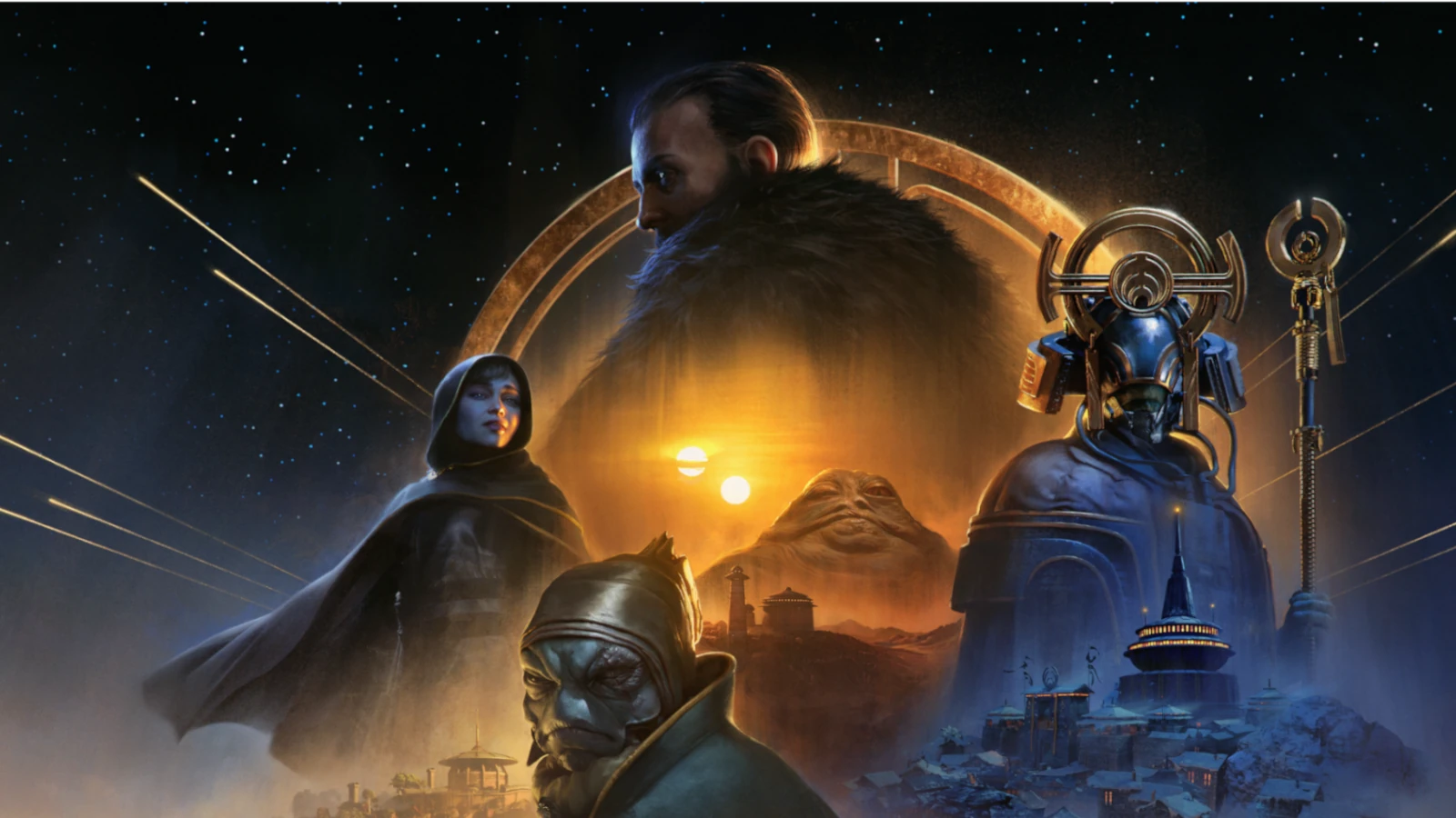 Star War Outlaws - Imagem de capa com três personagens do videogame
