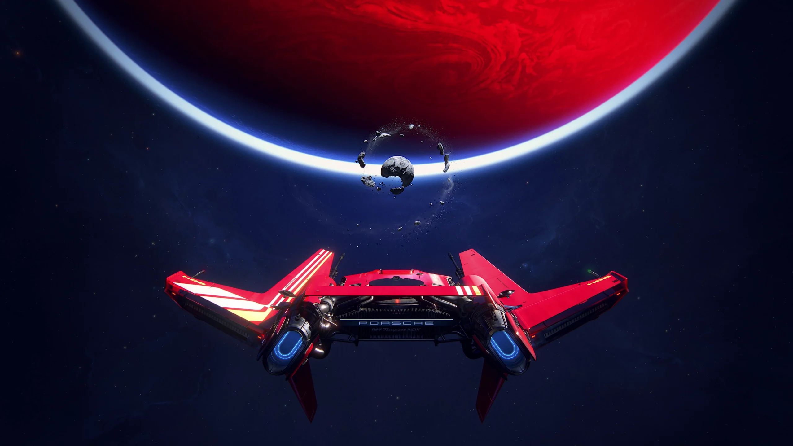 Nave espacial da Jordan com à escrita Porsche atrás e ao fundo o planeta vermelho e um objeto espacial que pode ser uma lua.