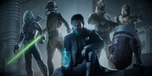 Arte de capa do blog, todos os personagens da equipe do jogo Star Wars zero Company