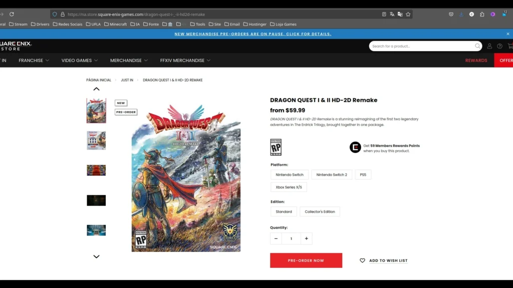 Loja da Square-Enix. Anúncio de venda do Dragon Quest I & II HD-2D Remake