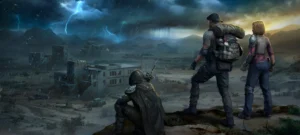 7 Days to Die Storm's Brewing. Imagem de capa. Três pessoas olhando para o horizonte.