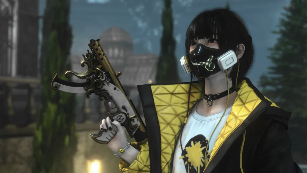 A personagem de capa do jogo Killer INN, uma oriental de casaco amarelo com detalhes preto e uma máscara preta. A personagem está com uma arma na mão.