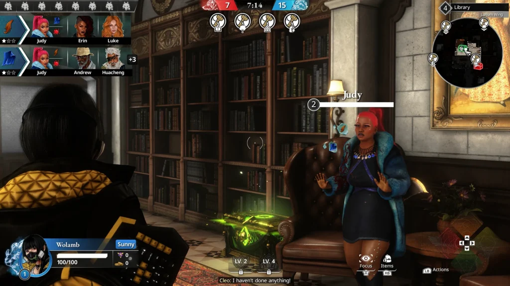 Personagens conversando em uma sala do hotel em Killer INN.