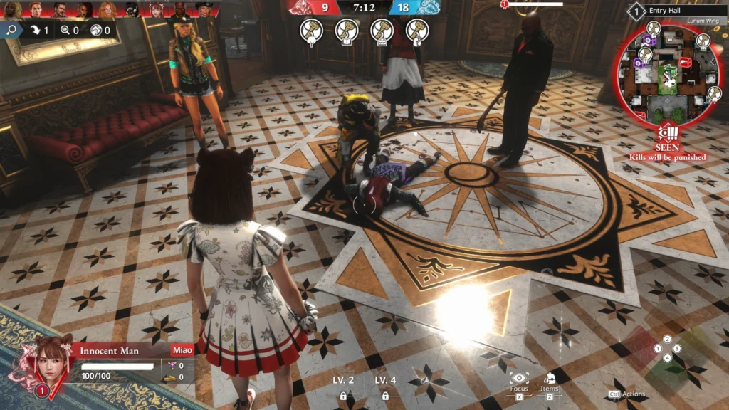 Uma vítima encontrada no Hall, a ideia do jogo é descobrir quem pertence ao grupo dos Wolves. Cinco Personagens em pé ao redor do corpo ao chão.