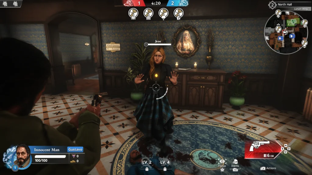 Personagem apontando uma arma para outro personagem. Ameaças em Killer INN.