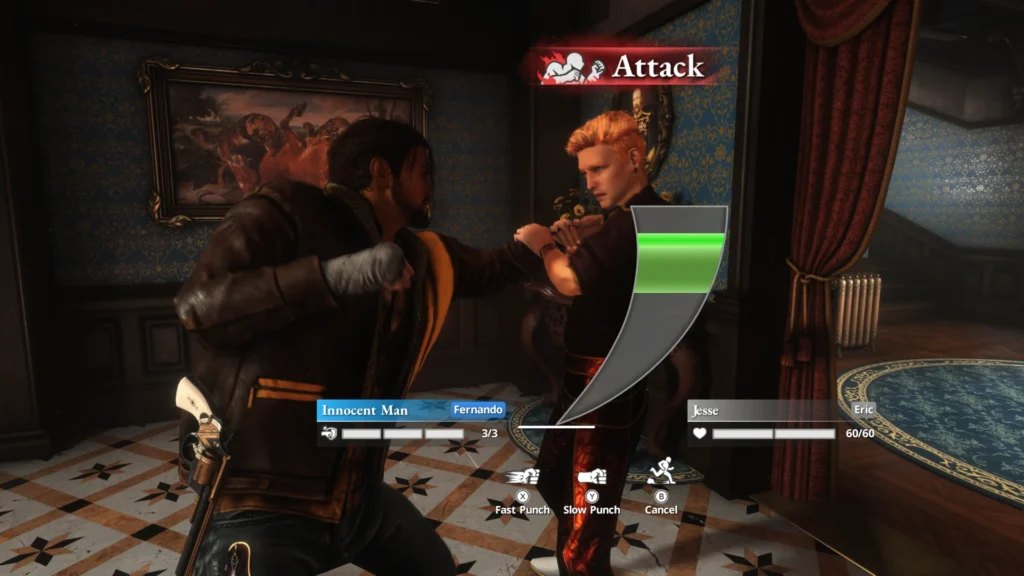 Dois personagens, Eric e Fernando em combate, aparecendo botões de comando na tela. X, Y e B.