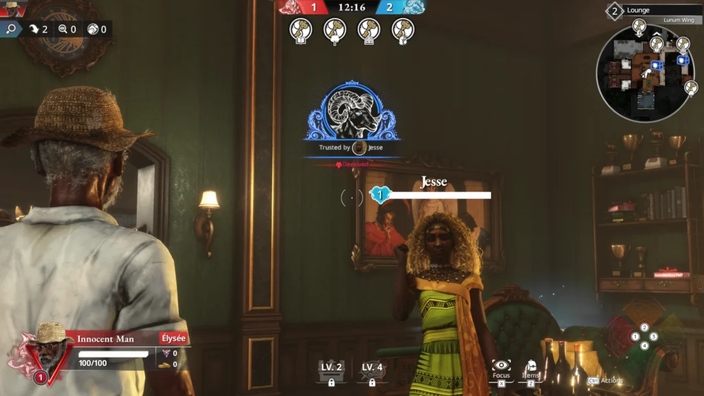 Dois personagens do jogo Killer INN, Jesse uma preta de cabelos amarelos e um home chamado Élysée com o título Innocent Man.