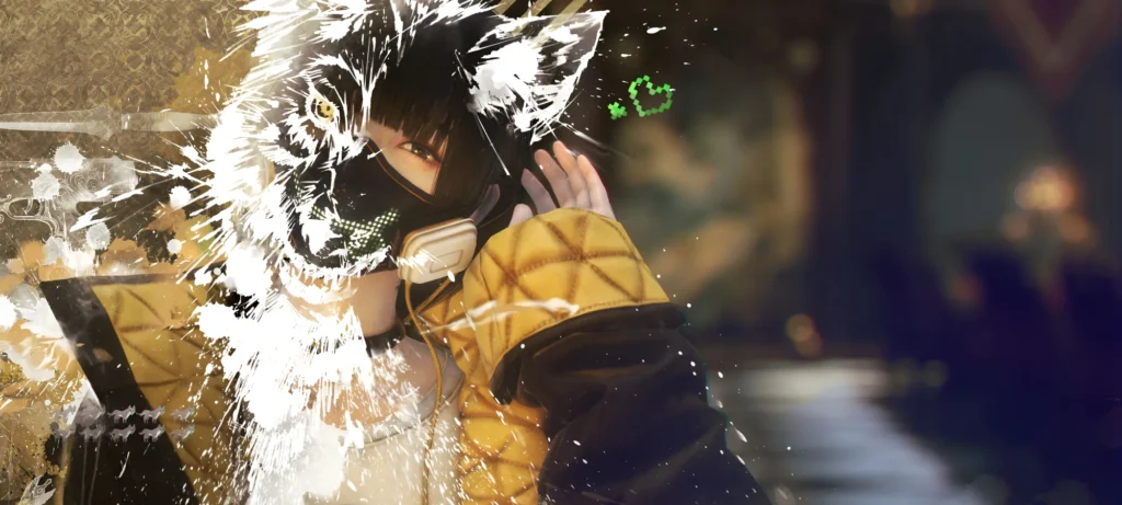 Arte de capa do jogo Killer INN, uma menina com uma sombra clara em metade do seu rosto com orelha de lobo com um traje com detalhe em amarelo e preto e uma máscara negra no rosto