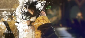 Arte de capa do jogo Killer INN, uma menina com uma sombra clara em metade do seu rosto com orelha de lobo com um traje com detalhe em amarelo e preto e uma máscara negra no rosto