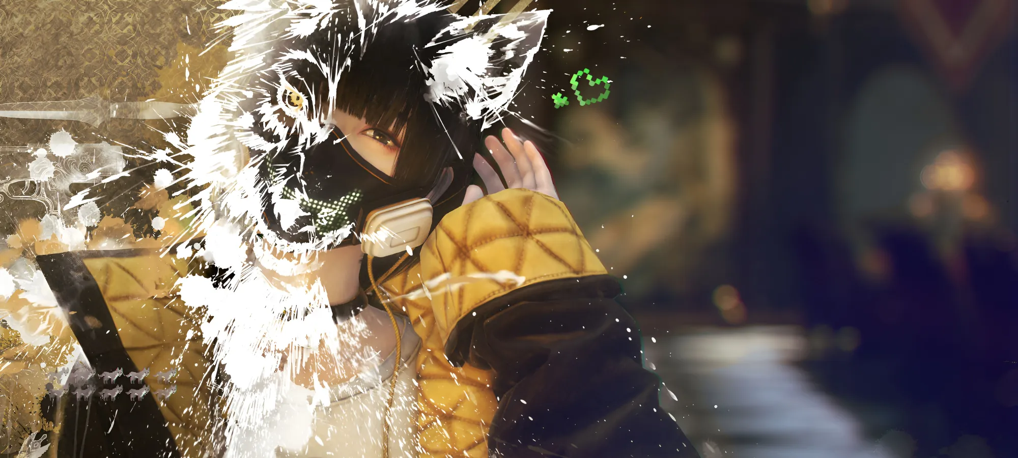 Arte de capa do jogo Killer INN, uma menina com uma sombra clara em metade do seu rosto com orelha de lobo com um traje com detalhe em amarelo e preto e uma máscara negra no rosto