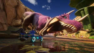 Dinossauro no meio da pista em Sonic Racing CrossWorlds