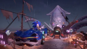 Sonic atravessando um caminho que tem uma lula