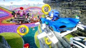 Sonic fazendo pose para foto em seu carro voador
