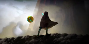 Personagem principal com o companheiro ao lado, em Shadow Labyrinth, arte de capa