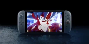 Imagem do Goku usando o instinto superior, dentro da tela do Nintendo Switch, no jogo Dragon Ball Sparking Zero