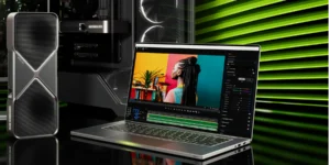 Arte da capa do blog, uma placa gráfica RTX da Nvidia em pé ao lado de um notebook